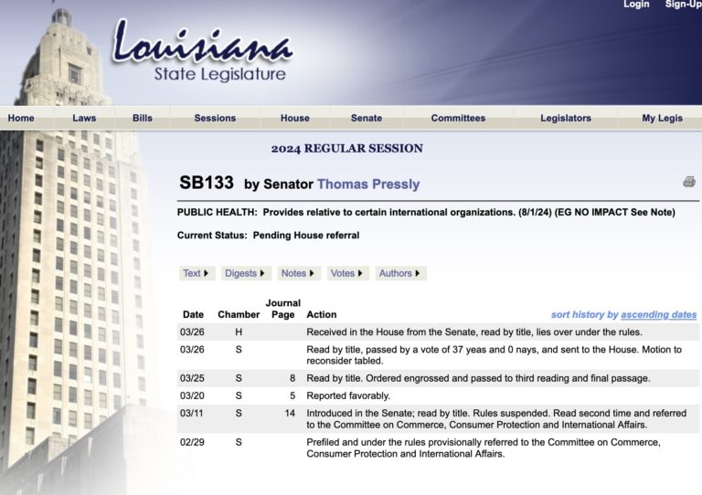 Louisiana Bill Against the WHO Unanimously Passes Senate