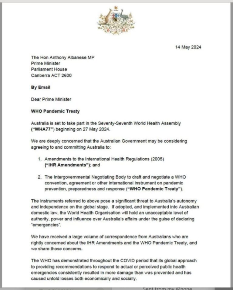 Letter sent to australian Prime Minister – signed by 14 members of Parliament