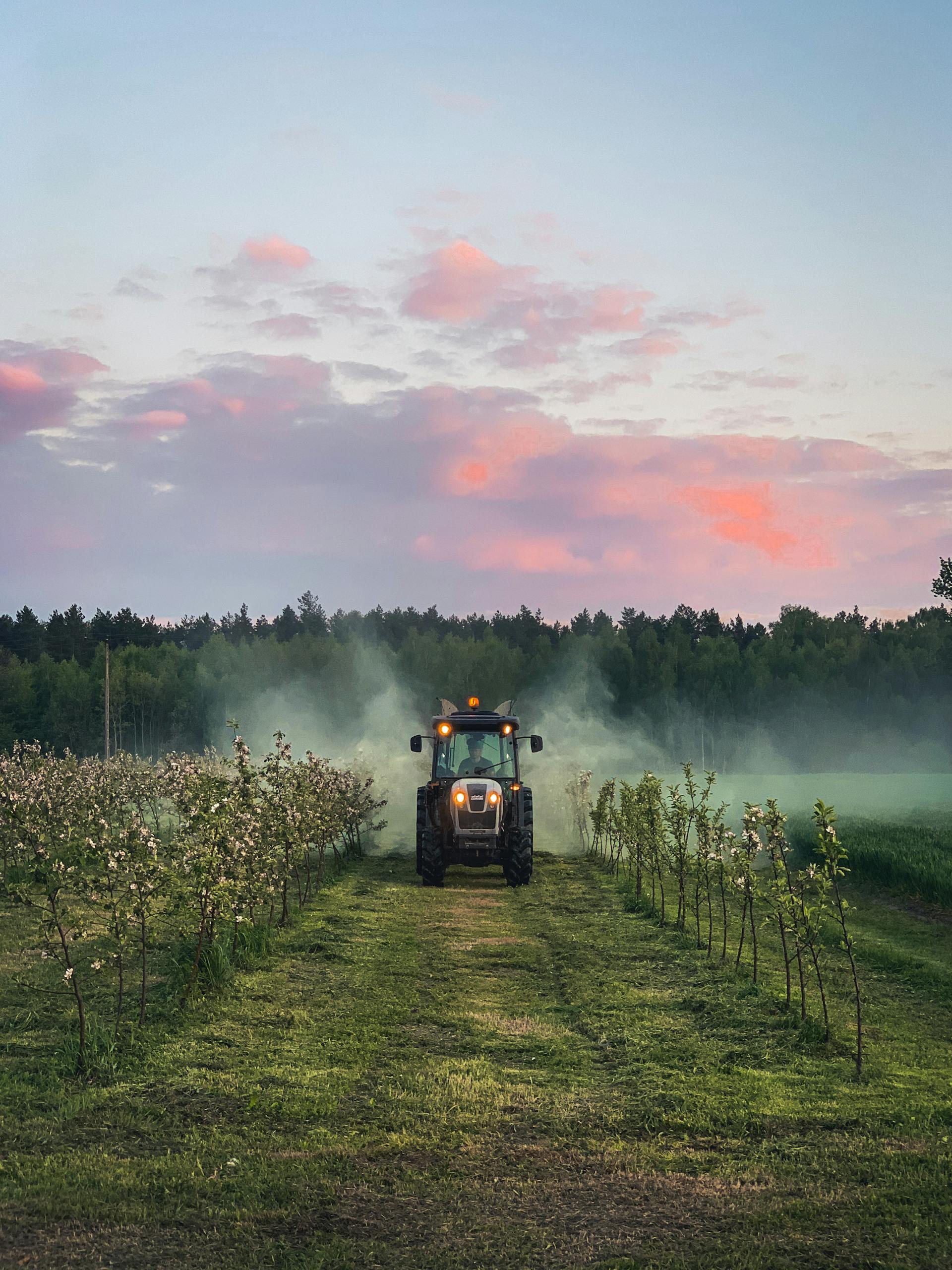 A tractor works in a lush rural field during a colorful dawn, with clouds overhead.
